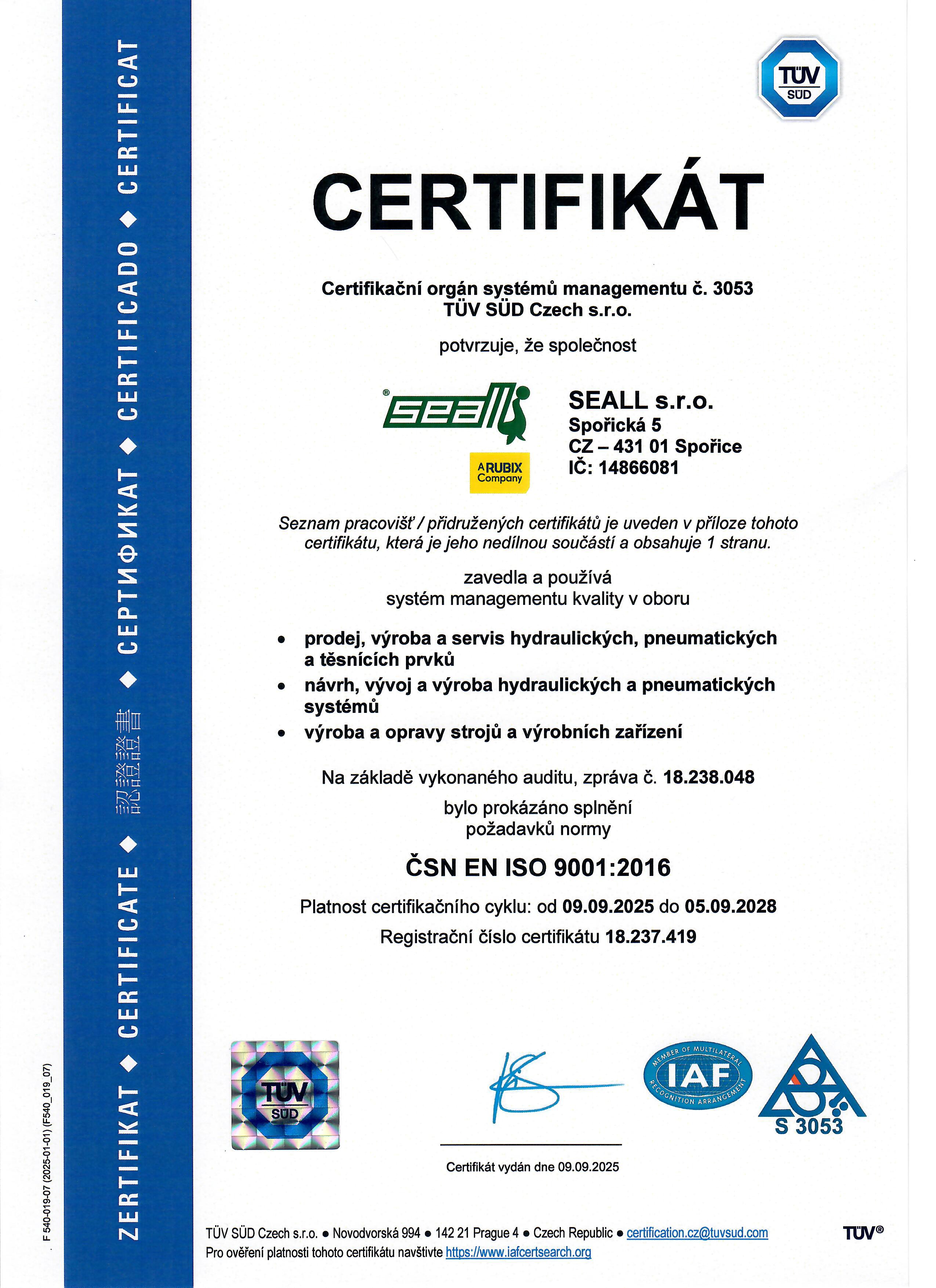 Náhled certifikátu ISO 9001:2016